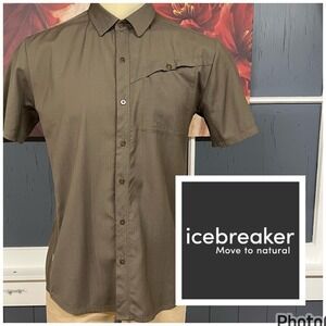Icebreaker Button Up Shirt Mens Sz Medium Modern Fit Merino Wool Stretch Brown
